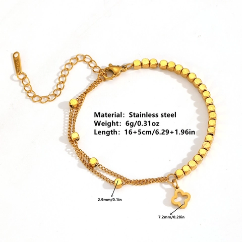 Pulsera De Capas De Acero Inoxidable Dorado Para Mujer Colgante De Flor Trébol Hueco Cadena De Cuentas Joyería De Moda