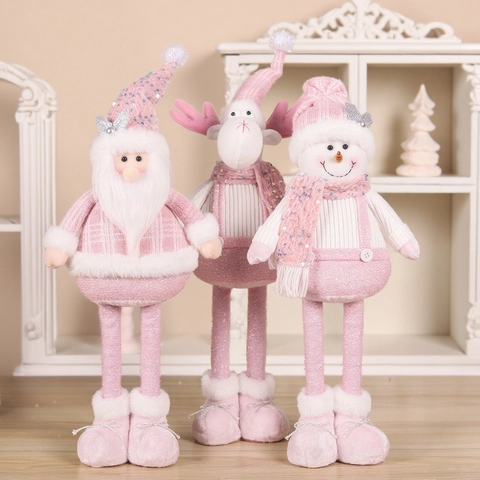Christmas Plush Doll Ornament Pink Sequin Knitted Fabric Telescopic Legs Santa Snowman Reindeer Standing Home Decoration