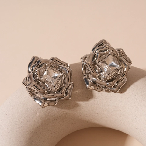 Orecchini A Lobo Fiore Rosa Lega Strass Con Perno In Argento Petalo In Metallo Minimalista Gioielli Eleganti Da Donna