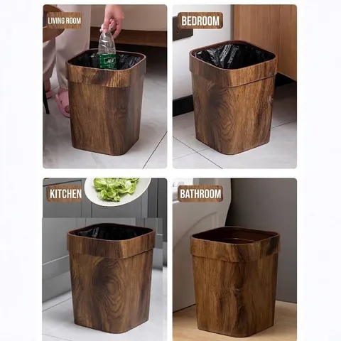 Poubelle à Grain de Bois Moderne Avec Anneau de Retenue Rétro Minimaliste en Plastique Poubelle Ouverte Pour Chambre Cuisine Salon Hôtel Maison Bureau
