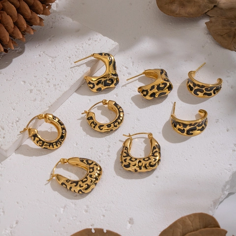 Leopard Print Hoop Earrings 304 Stainless Steel Gold Plated Enamel Geometric C-Shaped Waterproof Jewelry For Women