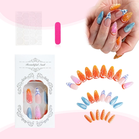 Unghie Finte A Pressione Rilievo 3D Frutta Conchiglia Stile Oceano Unghie Artificiali Per Donna Manicure Lucida Spiaggia Estate
