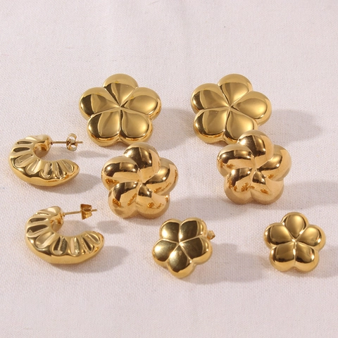 Pendientes de Botón de Flor de Acero Inoxidable Chapados en Oro de 18K para Mujer Pulidos Espejo Geométricos Florales Corazón Hoja Joyería de Moda Regalo