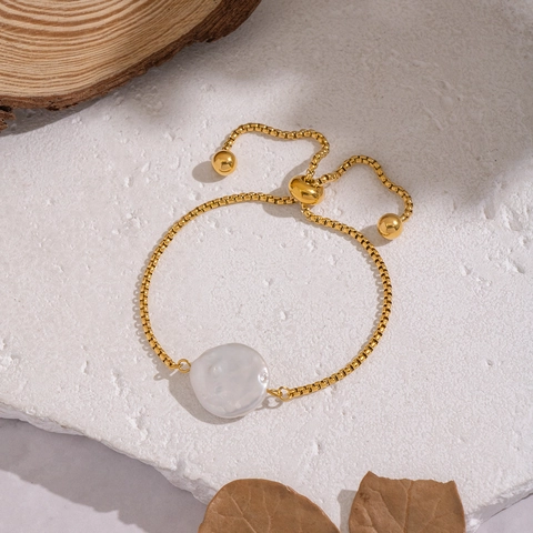 Adjustable Bracelet Stainless Steel Baroque Artificial Pearl Bolo Sliding Knot Gold Plated Elegant Jewelry For Women