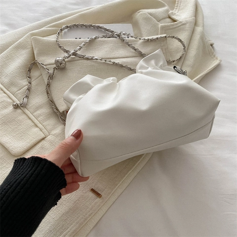 Ruched Cloud Bag For Women PU Leather Crossbody Shoulder Bag With Adjustable Silver Metal Ball Chain Strap Elegant
