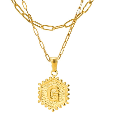 Double Layer Initial Necklace 18K Gold Plated Stainless Steel Paperclip Chain Hexagon Pendant Jewelry For Women