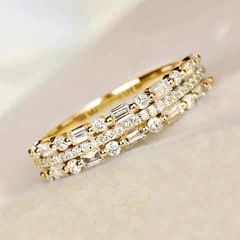 Elegant Multi Row Zirconia Copper Ring Baguette Round Cut Shiny Geometric Jewelry For Women Party Accessory