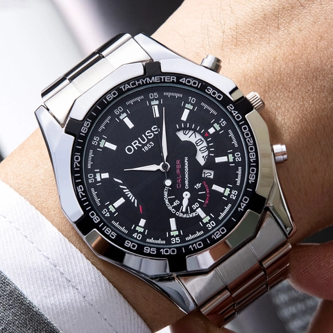 ORUSS Men Quartz Watch Business Waterproof Luminous Double Calendar Alloy Analog Wristwatch Silver Black Dial Jewelry