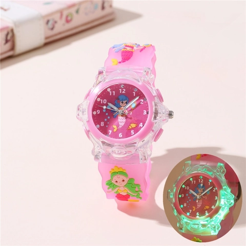 Kinder Analog Uhr Cartoon Meerjungfrau Leuchtende LED Silikon Armband Transparentes Gehäuse Quarz Armbanduhr Für Schüler