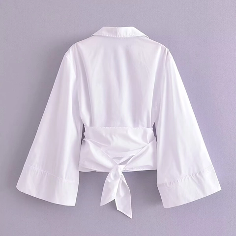 Elegant V Neck Wrap Tie Waist Blouse Flare Sleeve Solid Color Polyester Shirt Women