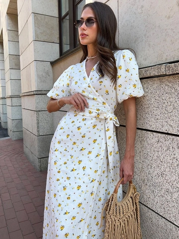 Floral Wrap Dress Cotton V Neck Bubble Short Sleeve Tie Waist Midi Length French Style Summer Women