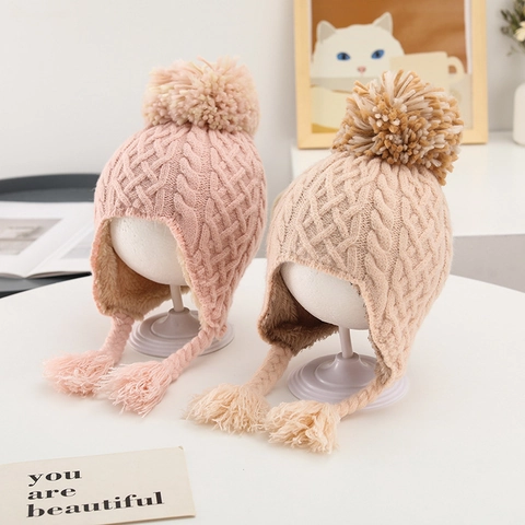 Kids Knitted Ear Protection Hat Thick Fleece Lined Warm Winter Cap With Pom Poms And Braids For Baby Girls