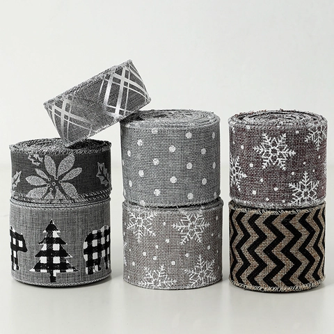 Nastro Decorativo Natalizio In Imitazione Lino Per Confezioni Regalo DIY Decorazioni Albero Motivi Fiocchi Di Neve Grigio