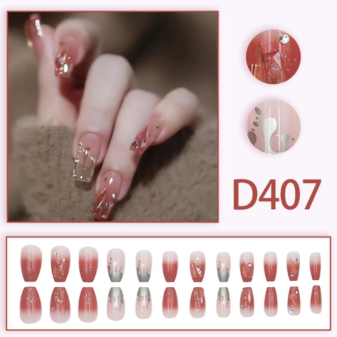 Press On Nägel Verlauf Rosa Mittellang Sarg Falsche Nägel Mit Straß Glitzer Silber Fluid Linie Elegant Damen