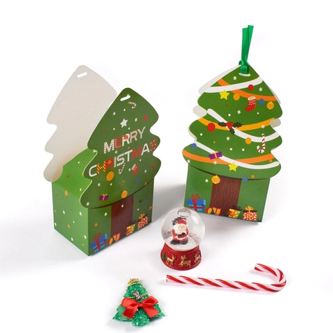 Christmas Gift Boxes Cardboard Cartoon Santa Christmas Tree Candy Packaging Treat Bag Handle Ribbon Gold Stamping Holiday