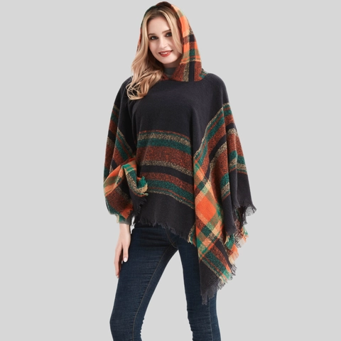Women Hooded Plaid Poncho Shawl With Tassels Soft Polyester Winter Warm Cape Bohemian Plaid Scarf Outerwear