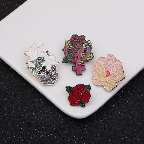 Broche de Aleación Esmalte Flor Creativo Dibujos Animados Rosa Peonía Lirio Símbolo Feminista Insignia Joyería Accesorios Para Mujer