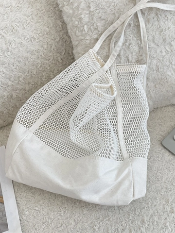 Bolso Tote Grande Para Mujer Malla Lona Calado Bolso De Hombro Para Playa Viajes Compras Minimalista Color Sólido