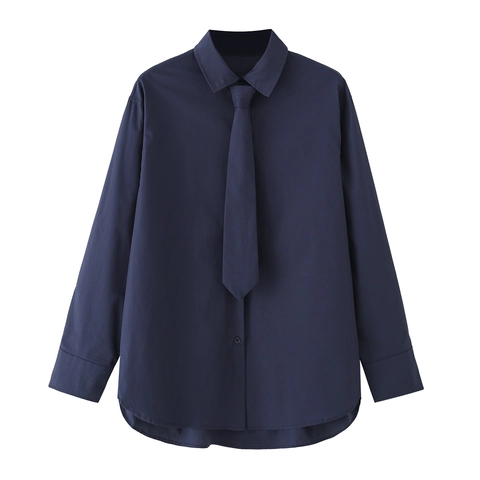 Navy Blue Long Sleeve Cotton Poplin Shirt With Matching Tie Solid Color Button Up Elegant Blouse For Women