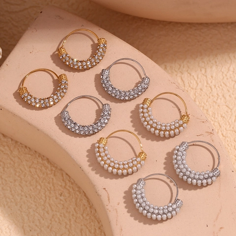 Orecchini A Cerchio In Acciaio Inossidabile Placcato Oro 18K Geometrico Micro Pavé Strass Perla Artificial Vintage Elegante Gioielli