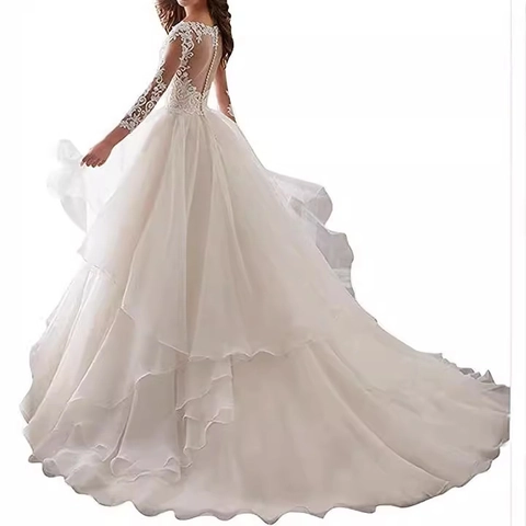 Wedding Dress Elegant White Lace Deep V-Neck See-Through Long Sleeves Multi-Layer Tulle Ball Gown Bridal Gown