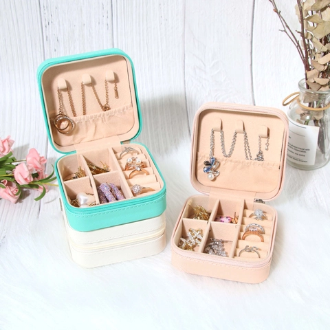 Tragbare PU Leder Schmuck Organizer Box Mini Reise Reißverschluss Display Case Für Ringe Ohrringe Halsketten Schmuckschatulle