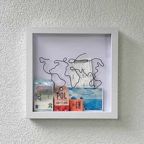 Travel Fund Shadow Box Frame Square Wood World Map Metal Wire Art Souvenir Ticket Postcard Display Money Saving Bank Decor