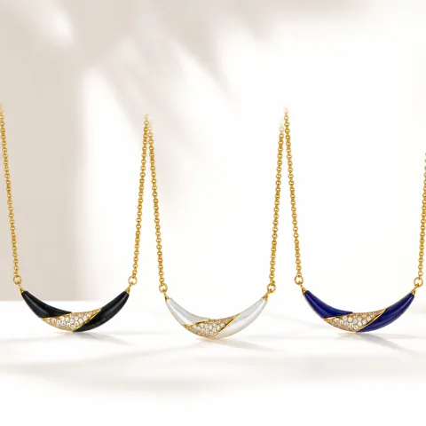 Collana Pendente Mezzaluna Sorriso Argento Sterling 925 Placcato Oro 18K Lapislazzuli Madreperla Bianca