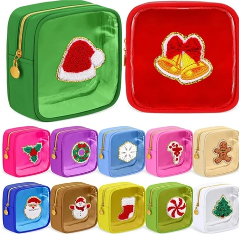 Bolsa De Maquillaje De Navidad Parche Letra Chenilla Organizador De Aseo Transparente Estuche Almacenamiento Viaje Impermeable Para Mujeres
