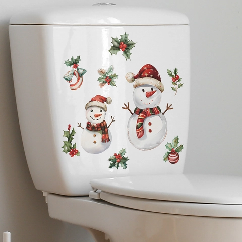 Adesivo Per WC Con Pupazzo Di Neve Di Natale Decalcomania In PVC Rimovibile Per Bagno Decorazione Per Casa Di Vacanza Motivo Foglie Di Agrifoglio Campanelli