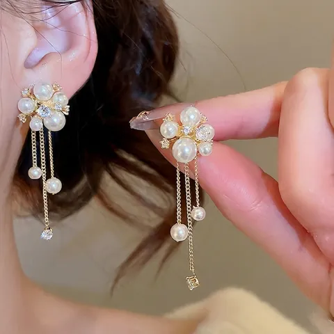 French Vintage Flower Artificial Pearl Cluster Long Tassel Earrings With Silver Earring Post Zircon Gold Plated For Women