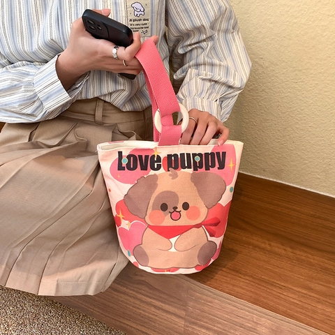 Leuke Cartoon Canvas Emmer Tas Draagbare Mini Handtas Met Houten Ring Handvat Voor Vrouwen Studenten Dagelijks