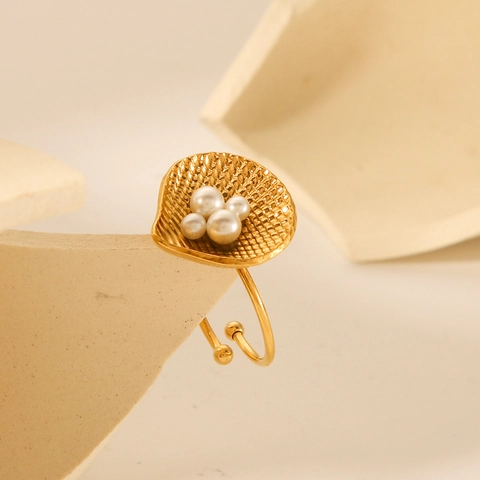Ocean Style Shell Open Ring 18K Gold Plated Stainless Steel With White Artificial Pearls Adjustable Jewelry For Women