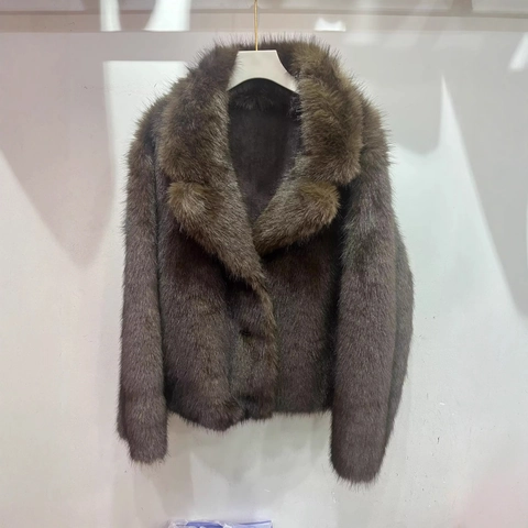 Women Double Sided Faux Fur Jacket Faux Suede Lapel Collar Long Sleeve Solid Color Short Coat French Fashion Warm