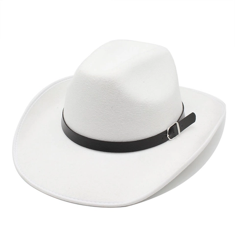 Western Cowboy Hat Wool Felt Wide Brim Fedora With Leather Band Metal Buckle Solid Color Retro Style For Men Women