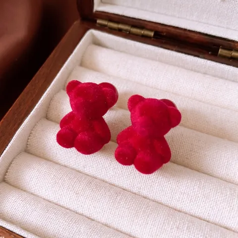 Cute Flocked Bear Stud Earrings Red Velvet Acrylic Unique Design Women With 925 Sterling Silver Earring Post
