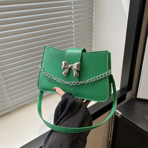 Fashion PU Leather Women Shoulder Bag with Metal Bowknot and Chain Decor Solid Color Crossbody Underarm Bag Commuter Purse