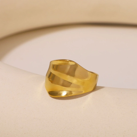 Wavy Wide Band Ring Stainless Steel Gold Plated Minimalist Irregular Concave Adjustable Open Ring For Women