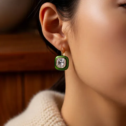 Vintage Quadratische Hängeohrringe Für Damen 18K Vergoldet Kupfer Kristall Brisur Geometrisch Emaille Schmuck