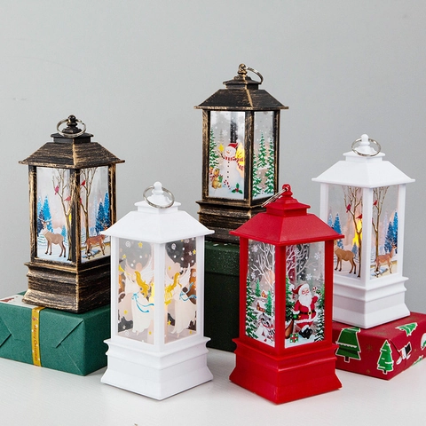 Christmas LED Lantern Retro Decorative Wind Lamp With Hanging Ring Santa Claus Snowman Pattern Night Light Holiday Ornament