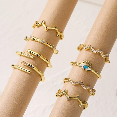 Bagues Ouvertes Ajustables Pour Femmes Cuivre Plaqué Or 18K Zircone Mauvais Œil Bambou Vague Bijoux Élégants Géométriques