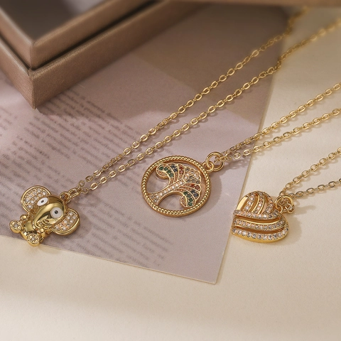 Vergulde Koperen Hanger Ketting Met Gekleurde Zirkoon Levensboom Olifant Hart Holle Sieraden Voor Dames Dagelijks