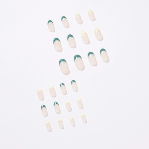 Unghie Finte French Tip Verde Oliva Giallo Forma A Mandorla Lucide Minimaliste Moda