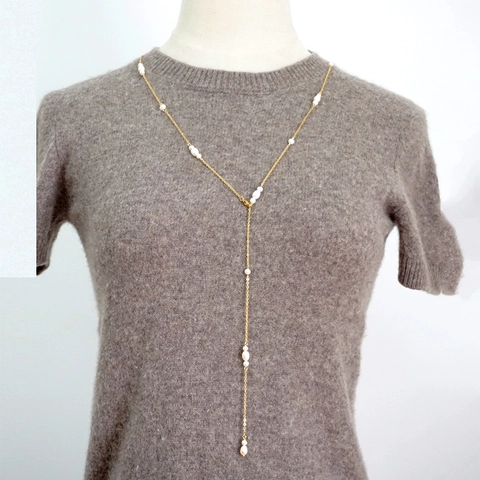 French Minimalist Freshwater Pearl Necklace For Women Elegant Titanium Steel Gold Long Sweater Chain Handmade Jewelry