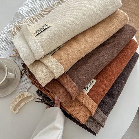 Sciarpa Imitazione Cashmere Doppio Lato Caldo Ispessito Lunghe Frange Tinta Unita Semplice Elegante Versatile Donne