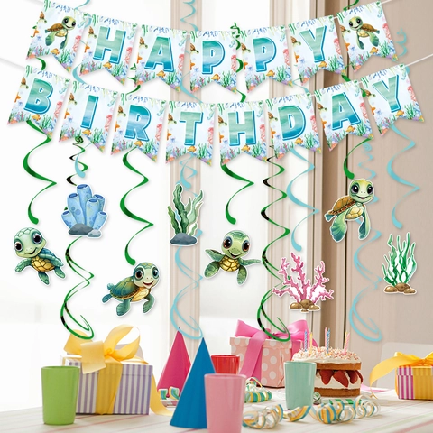 Sea Turtle Birthday Party Decoration Ocean Theme Cardstock Happy Birthday Banner Spiral Hanging Ornaments Backdrop