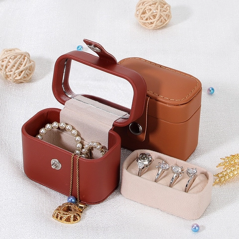 Mini Jewelry Box Portable PU Leather Travel Case With Mirror Ring Earring Organizer Snap Closure Solid Color