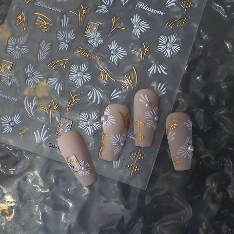 5D Embossed Nail Art Stickers White Flower Gold Foil Artificial Pearl Self Adhesive Elegant Floral Manicure Decals