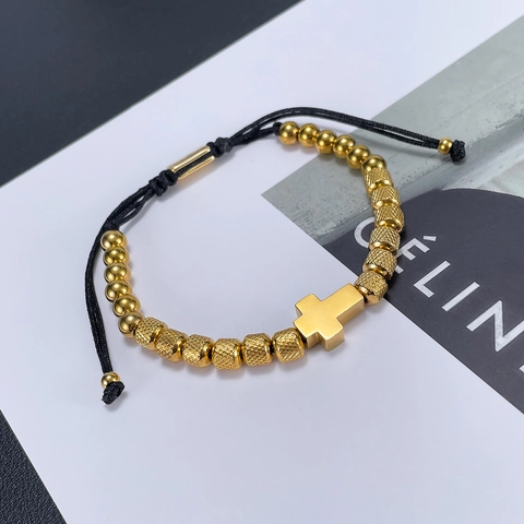 Stainless Steel Cross Pendant Beaded Bracelet Adjustable Braided Rope Textured Beads Fashion Jewelry For Men