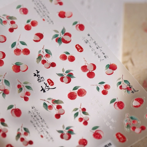 Lychee 3D Relief Nail Stickers Self Adhesive New Chinese Style Vintage Calligraphy Fruit Pattern Elegant Manicure Decals